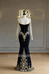 Blue Illusion Sweetheart Long Sleeve Velvet Mermaid Floor Length Formal Evening Gown