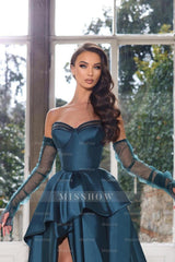Blue Ink Sweetheart Detachable Long Sleeves A-Line Satin Ruffled Floor Length Formal Gown