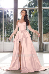 Blue Ink Sweetheart Detachable Long Sleeves A-Line Satin Ruffled Floor Length Formal Gown