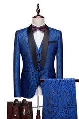 Blue Jacquard Shawl Collar Three-Piece Slim Fit Wedding Ensemble