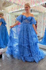 Blue Off-the-Shoulder Corset Prom Dress with Short Sleeves for an Unreal Date