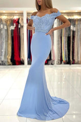 Blue Off-the-shoulder Long Mermaid Prom Evening Dresses With Lace