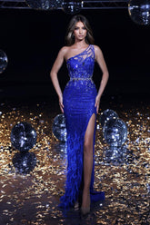 Blue One Shoulder Sequined Mermaid Appliques Feather Slit Floor Length Formal Evening Gown