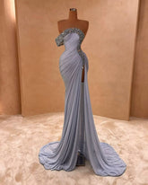 Grey one shoulder rhinestone mermaid evening dress