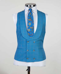 Blue Plaid Three-Piece Peak Lapel Business Men’s Suits