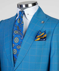 Blue Plaid Three-Piece Peak Lapel Business Men’s Suits