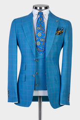 Blue Plaid Three-Piece Peak Lapel Business Men’s Suits