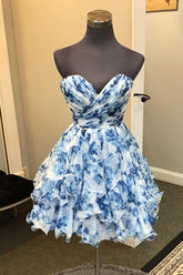 Blue Printed Strapless A-Line Tiered Homecoming Dress