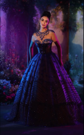 Blue Rhinestone High Neck Sleeveless Beaded Ball Gown Tulle Floor Length Evening Dress