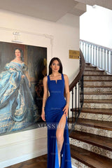 Blue Rhinestone Square Neck Sleeveless Mermaid Satin Side Slit Formal Evening Dress