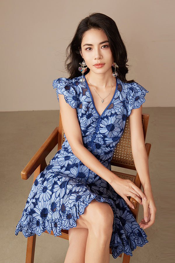 Blue Short A-line V-neck Printed Dress with Short Sleeves