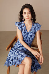 Blue Short A-line V-neck Printed Dress with Short Sleeves