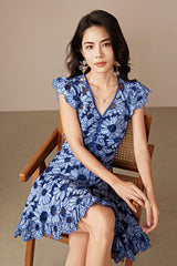 Blue Short A-line V-neck Printed Dress with Short Sleeves