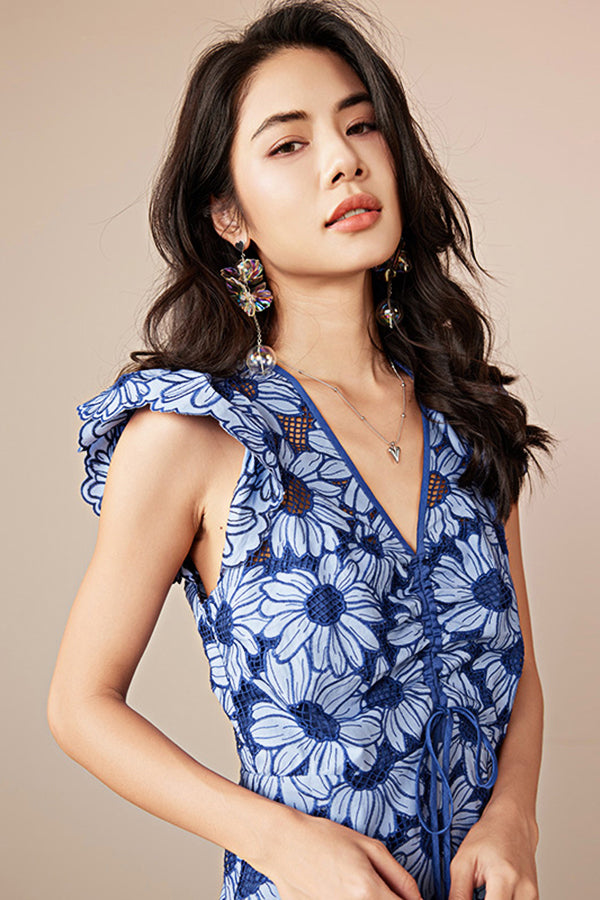 Blue Short A-line V-neck Printed Dress with Short Sleeves