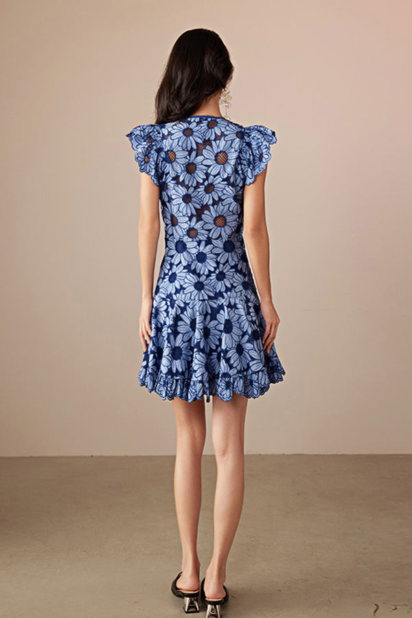 Blue Short A-line V-neck Printed Dress with Short Sleeves