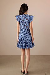 Blue Short A-line V-neck Printed Dress with Short Sleeves