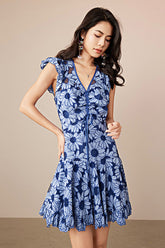 Blue Short A-line V-neck Printed Dress with Short Sleeves