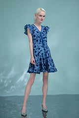 Blue Short V-neck Printed Dress with Flutter Sleeves