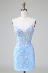 Blue Spaghetti Straps Sequins Bodycon Short Homecoming Dress