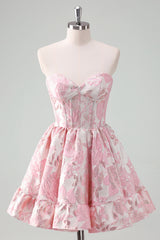 Blue Strapless Floral A-Line Printed Corset Short Homecoming Dress with Ruffles
