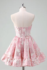 Blue Strapless Floral A-Line Printed Corset Short Homecoming Dress with Ruffles