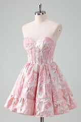Blue Strapless Floral A-Line Printed Corset Short Homecoming Dress with Ruffles