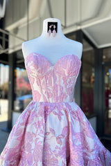 Blue Strapless Floral A-Line Printed Corset Short Homecoming Dress with Ruffles