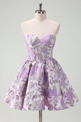 Blue Strapless Floral A-Line Printed Corset Short Homecoming Dress with Ruffles