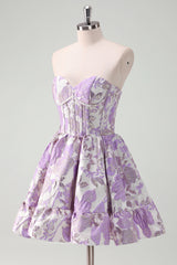 Blue Strapless Floral A-Line Printed Corset Short Homecoming Dress with Ruffles