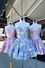 Blue Strapless Floral A-Line Printed Corset Short Homecoming Dress with Ruffles