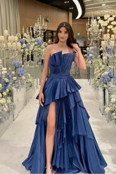 Royal blue strapless ruffled A-line evening dress