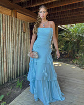 Light blue strapless ruffled mermaid evening dress