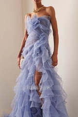Blue Strapless Sleeveless Mermaid Organza Ruffled Floral Applique Formal Evening Gown