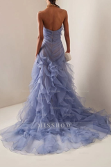 Blue Strapless Sleeveless Mermaid Organza Ruffled Floral Applique Formal Evening Gown