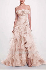 Blue Strapless Sleeveless Mermaid Organza Ruffled Floral Applique Formal Evening Gown