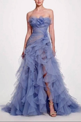 Blue Strapless Sleeveless Mermaid Organza Ruffled Floral Applique Formal Evening Gown