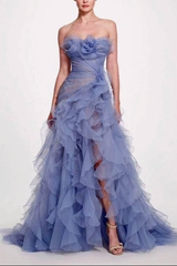 Blue Strapless Sleeveless Mermaid Organza Ruffled Floral Applique Formal Evening Gown
