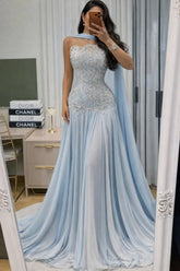 Blue Strapless Sweetheart Beaded Lace Mermaid Sleeveless Floor Length Evening Gown