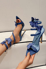 Blue Strappy Stiletto High Heel Sandals with Butterflies