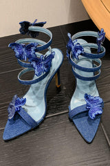 Blue Strappy Stiletto High Heel Sandals with Butterflies