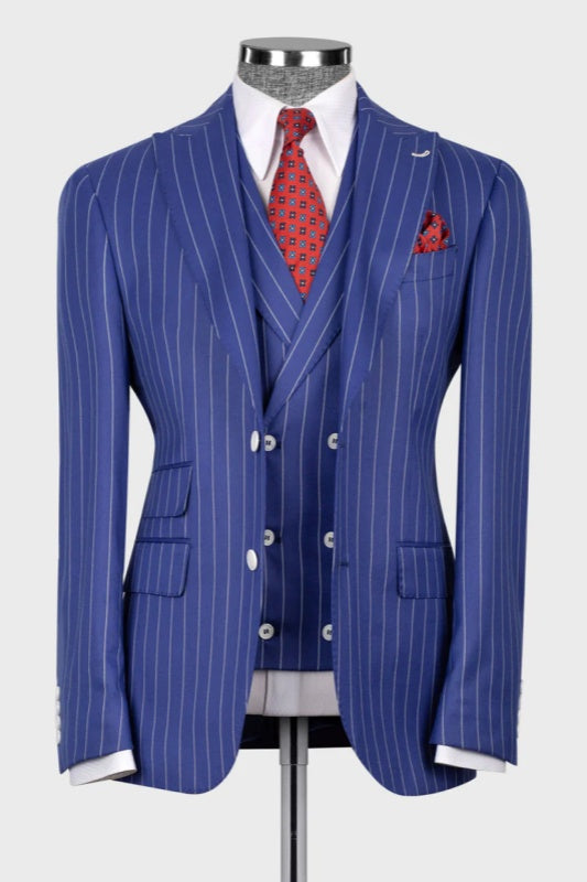 Blue Stripes Peak Lapel Three Piece Business Professional
