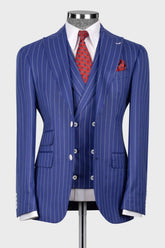 Blue Stripes Peak Lapel Three Piece Business Professional