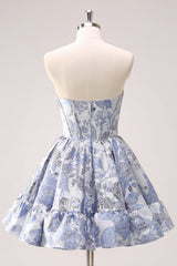 Blue Sweetheart Floral Printed Corset Short Homecoming Dress with Ruffles