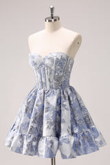 Blue Sweetheart Floral Printed Corset Short Homecoming Dress with Ruffles