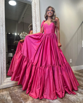 Blue Sweetheart Sleeveless Bow Straps A-Line Satin Ruffled Floor Formal Evening Dress