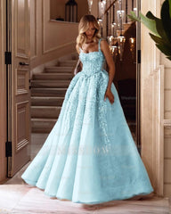Blue Sweetheart Sleeveless Corset Beaded Tulle Ball Gown Floor Length Formal Evening Dress