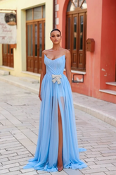 Light blue sweetheart pleated A-line evening dress