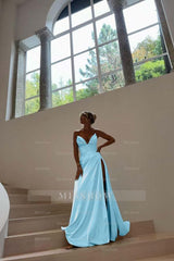 Blue Sweetheart Sleeveless Ruched A-Line Satin Front Split Floor Formal Evening Gown