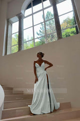 Blue Sweetheart Sleeveless Ruched A-Line Satin Front Split Floor Formal Evening Gown