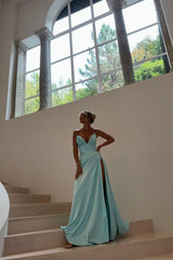 Blue Sweetheart Sleeveless Ruched A-Line Satin Front Split Floor Formal Evening Gown